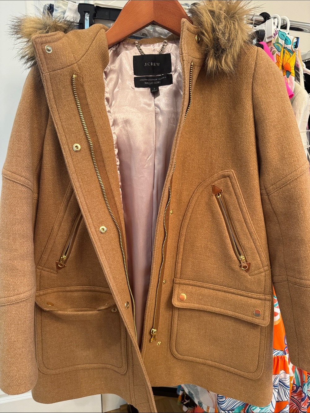 J. Crew Camel Wool-Blend Hooded Pea Coat with Faux-Fur Trim